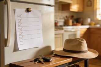 A ruled seven row week plan stuck to a fridge with magnets, one row left deliberately blank.