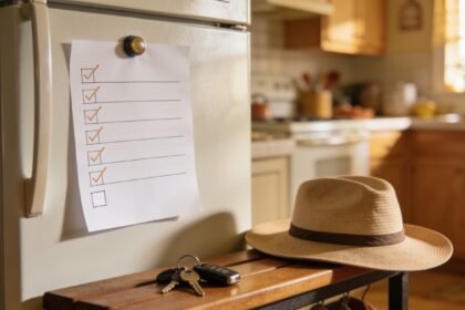 A ruled seven row week plan stuck to a fridge with magnets, one row left deliberately blank.