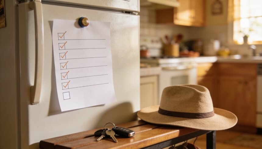 A ruled seven row week plan stuck to a fridge with magnets, one row left deliberately blank.