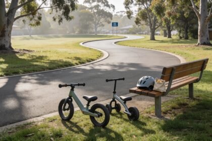 A small pedal bike and balance bike beside a bench overlooking a short paved park loop beneath eucalyptus trees.
