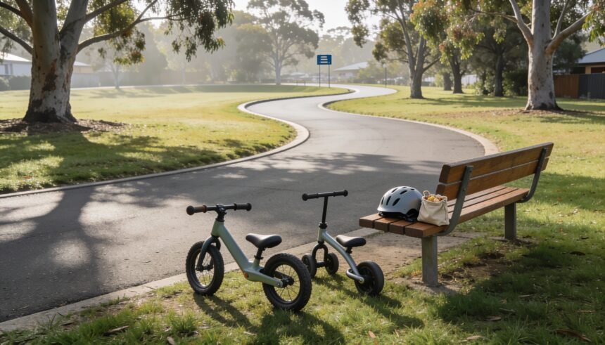 A small pedal bike and balance bike beside a bench overlooking a short paved park loop beneath eucalyptus trees.