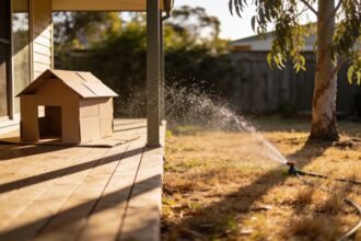 A sprinkler running on dry grass in a backyard with a half-finished cardboard project on a shaded verandah.