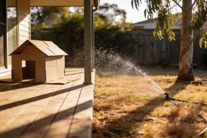 A sprinkler running on dry grass in a backyard with a half-finished cardboard project on a shaded verandah.