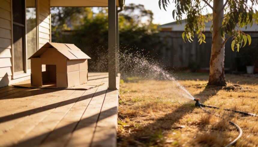 A sprinkler running on dry grass in a backyard with a half-finished cardboard project on a shaded verandah.