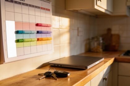 A wall calendar with several weeks blocked in different colours and one week left blank, beside a closed laptop.