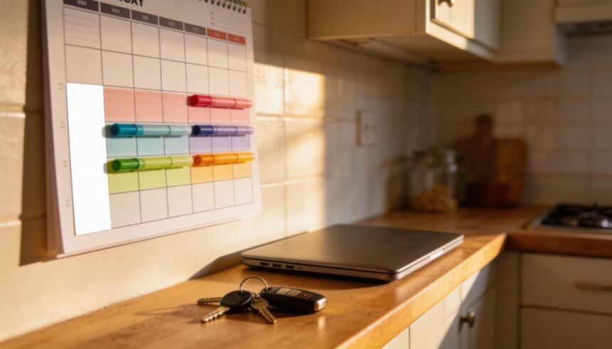 A wall calendar with several weeks blocked in different colours and one week left blank, beside a closed laptop.