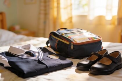 A school uniform laid out on a bed beside a packed school bag and a pair of school shoes.