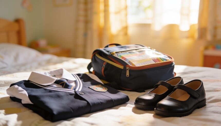 A school uniform laid out on a bed beside a packed school bag and a pair of school shoes.