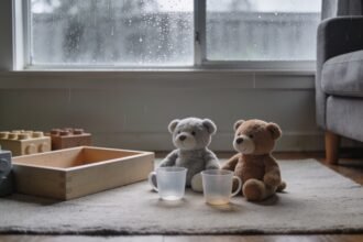 Soft toys and empty cups arranged for a pretend picnic beside large blocks, with rain on the living room window.