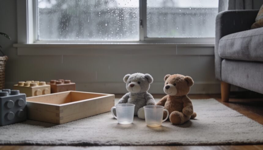 Soft toys and empty cups arranged for a pretend picnic beside large blocks, with rain on the living room window.