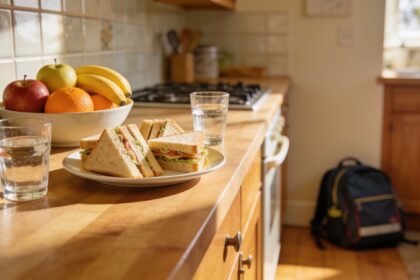 A plate of quartered sandwiches, a bowl of fruit and two glasses of water set out ready on a kitchen bench.