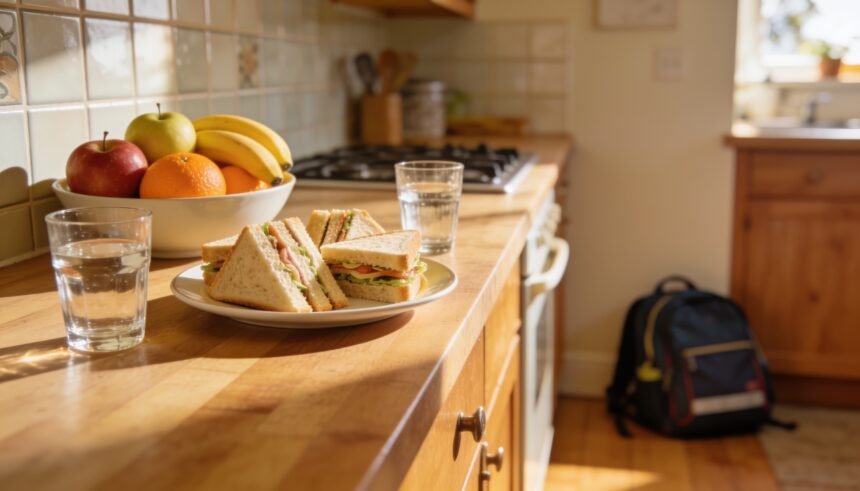 A plate of quartered sandwiches, a bowl of fruit and two glasses of water set out ready on a kitchen bench.