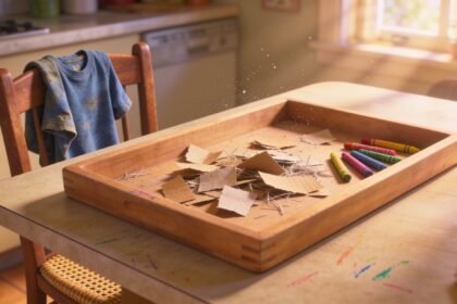 A tray of craft paper offcuts and crayons on a kitchen table, with a T-shirt draped on a chair nearby.
