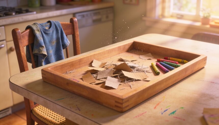 A tray of craft paper offcuts and crayons on a kitchen table, with a T-shirt draped on a chair nearby.