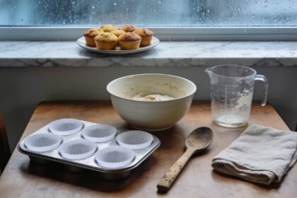 Mixing bowl, muffin cases and measuring jug on a kitchen table beside a rain-streaked window.