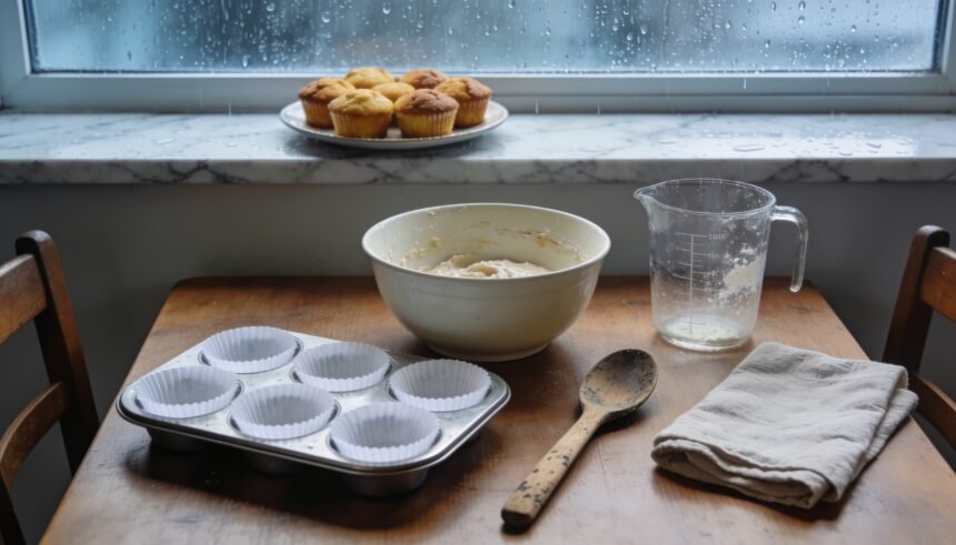 Mixing bowl, muffin cases and measuring jug on a kitchen table beside a rain-streaked window.