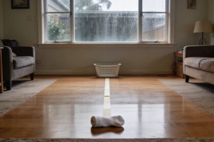 Rolled socks, a flat tape line and a washing basket arranged beside a clear floor area in a lounge room.