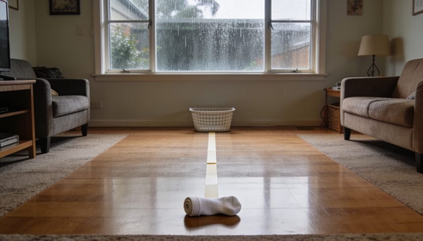 Rolled socks, a flat tape line and a washing basket arranged beside a clear floor area in a lounge room.