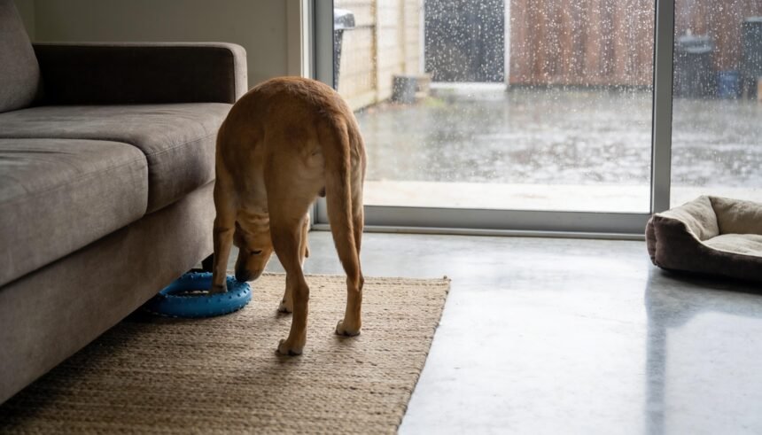A dog finding a blue toy beside a sofa while rain falls outside the lounge room's glass door.