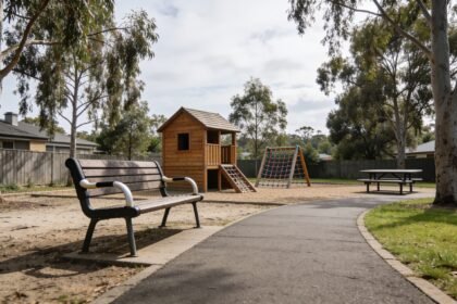 A path leads to a timber playhouse and climbing area beside shaded seating in an Australian suburban park.