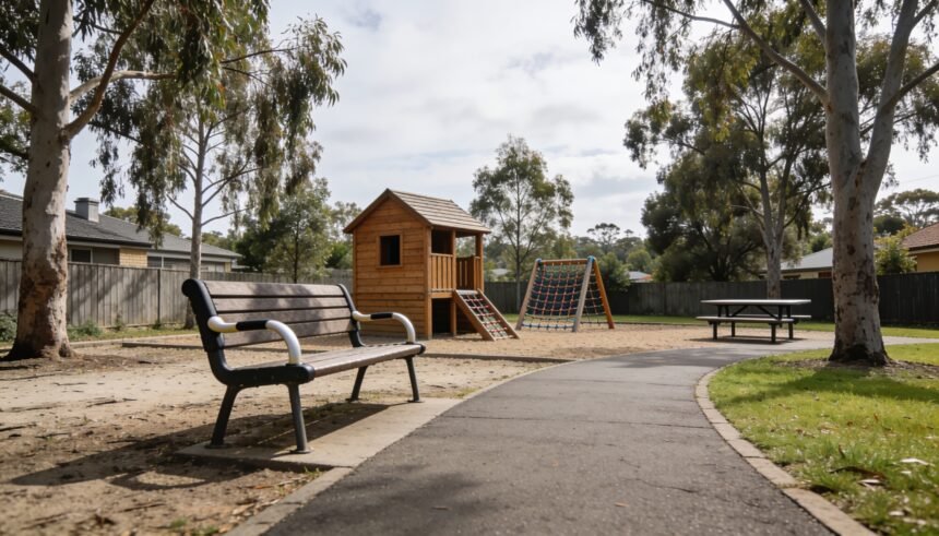 A path leads to a timber playhouse and climbing area beside shaded seating in an Australian suburban park.