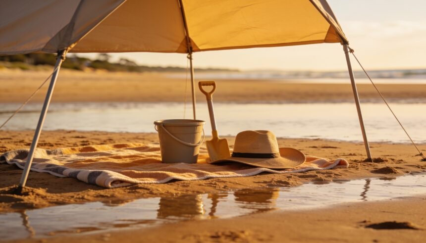 A beach shelter and towel set up on sand with a bucket, spade and wide-brim hat beside them at low tide.