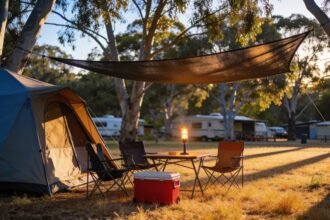 A family campsite with a tent, shade tarp, chairs and an esky set up in late afternoon light.