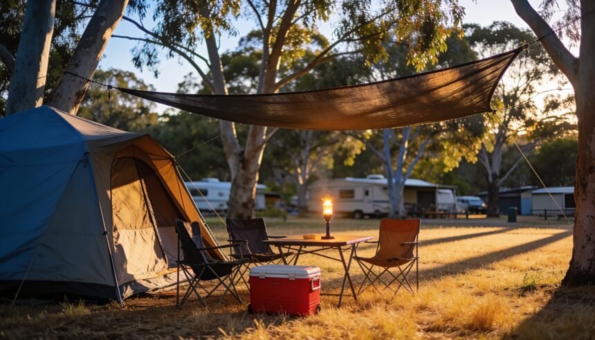 A family campsite with a tent, shade tarp, chairs and an esky set up in late afternoon light.