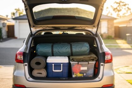 A car boot packed with a tent, sleeping mats, an esky and a tub of camping gear before a trip.