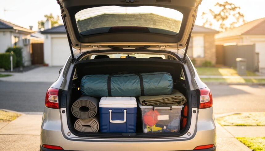 A car boot packed with a tent, sleeping mats, an esky and a tub of camping gear before a trip.