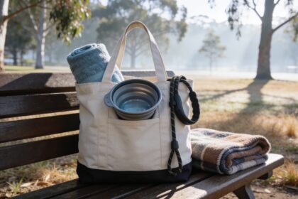 A bag packed with a lead, towel and travel water bowl on a park bench in early morning light.