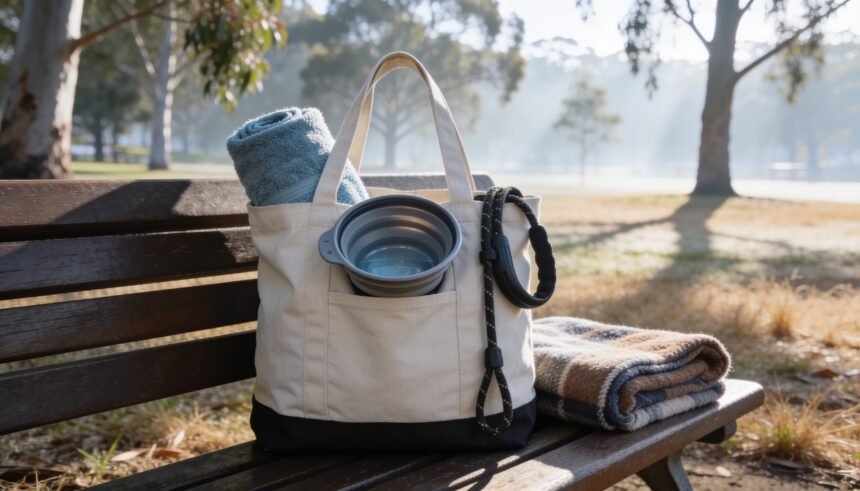 A bag packed with a lead, towel and travel water bowl on a park bench in early morning light.