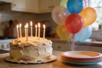 A homemade birthday cake with uneven icing and candles beside a stack of plain paper plates on a kitchen bench.