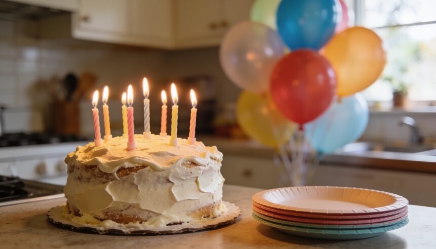 A homemade birthday cake with uneven icing and candles beside a stack of plain paper plates on a kitchen bench.