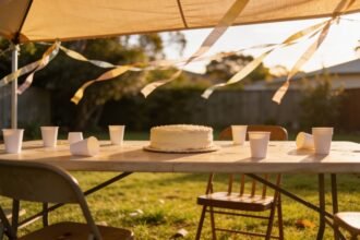 A backyard birthday party table under a shade sail with paper cups, a plain cake and empty chairs.