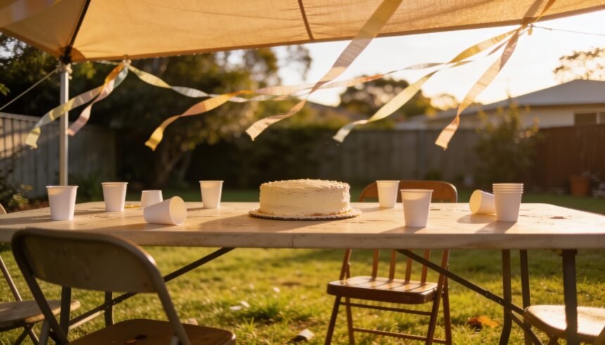 A backyard birthday party table under a shade sail with paper cups, a plain cake and empty chairs.