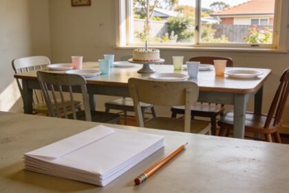 A small birthday table with plain place settings and blank invitation envelopes beside a pencil.