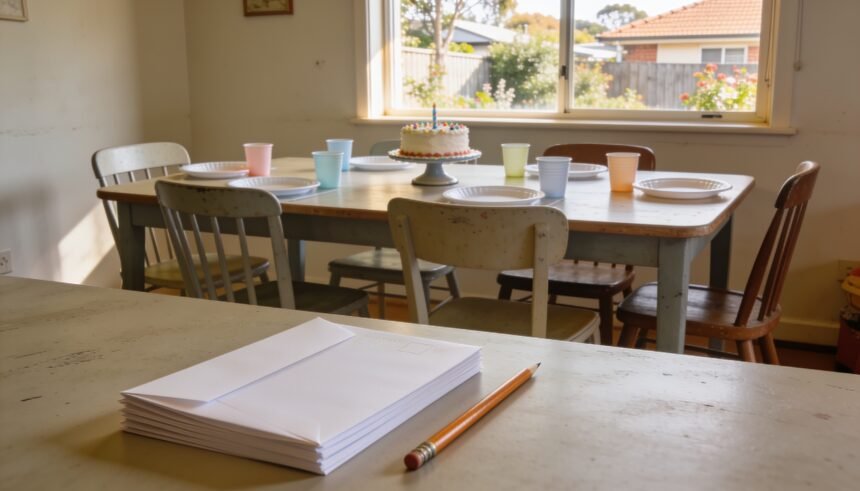 A small birthday table with plain place settings and blank invitation envelopes beside a pencil.