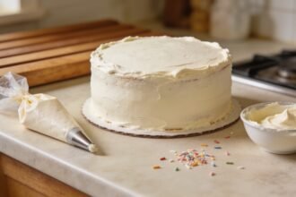 A simple homemade birthday cake with plain icing on a kitchen bench, with a piping bag and sprinkles nearby.