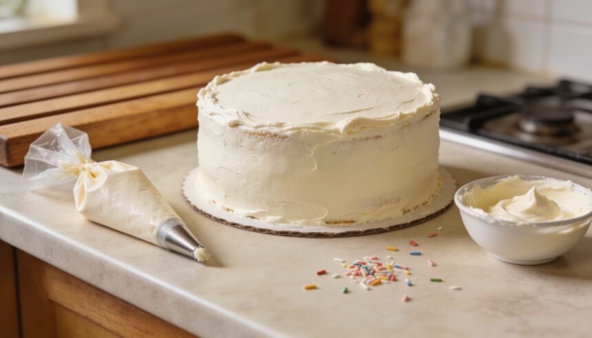A simple homemade birthday cake with plain icing on a kitchen bench, with a piping bag and sprinkles nearby.