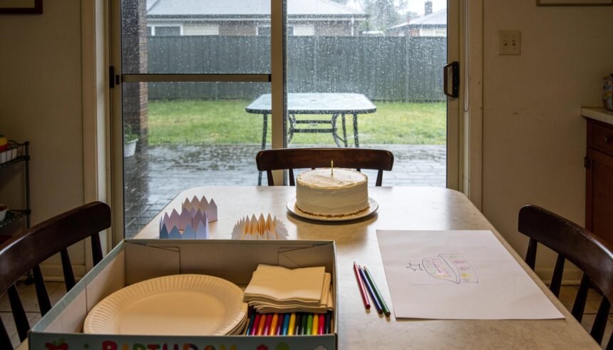 Indoor birthday table and packed activity box beside glass doors overlooking a rain-soaked backyard.