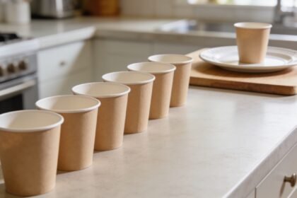 Individual paper cups in a row on a kitchen bench with one set apart on its own board and plate.