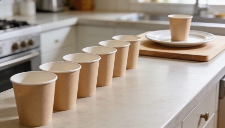 Individual paper cups in a row on a kitchen bench with one set apart on its own board and plate.