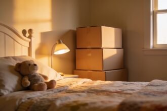 A child's bed made up with familiar bedding beside a stack of unopened moving boxes in a bare room.