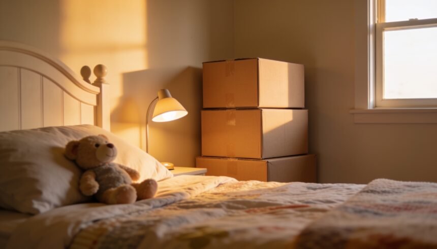 A child's bed made up with familiar bedding beside a stack of unopened moving boxes in a bare room.