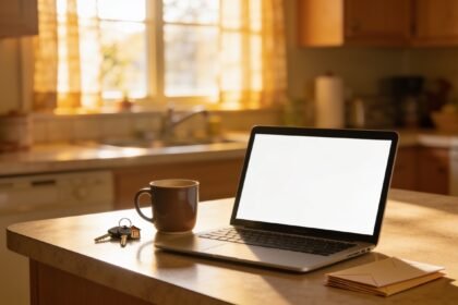 A laptop, keys, a mug and a stack of unopened envelopes on a kitchen bench in morning light.