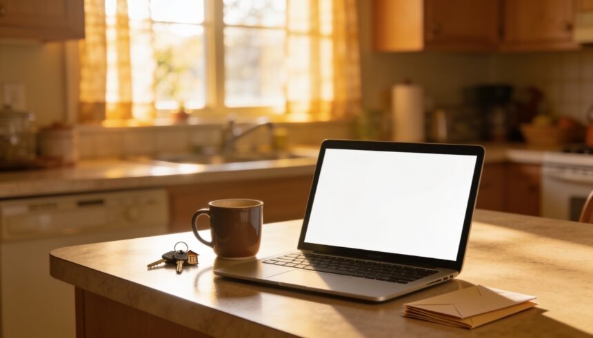 A laptop, keys, a mug and a stack of unopened envelopes on a kitchen bench in morning light.