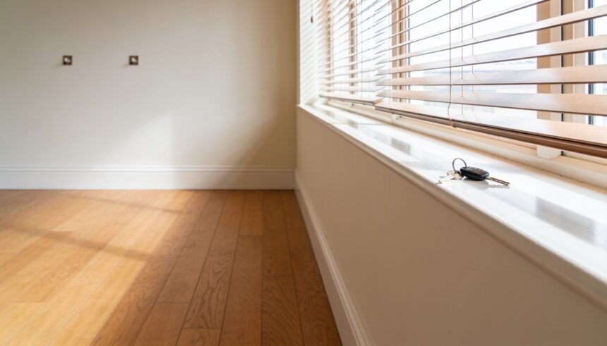 An empty rental living room with bare timber floorboards and a set of keys left on the windowsill.