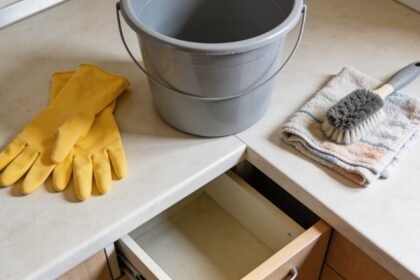 Rubber gloves, a bucket, a cloth and a scrubbing brush on a bare kitchen benchtop above an empty drawer.