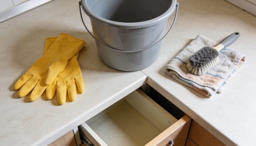 Rubber gloves, a bucket, a cloth and a scrubbing brush on a bare kitchen benchtop above an empty drawer.